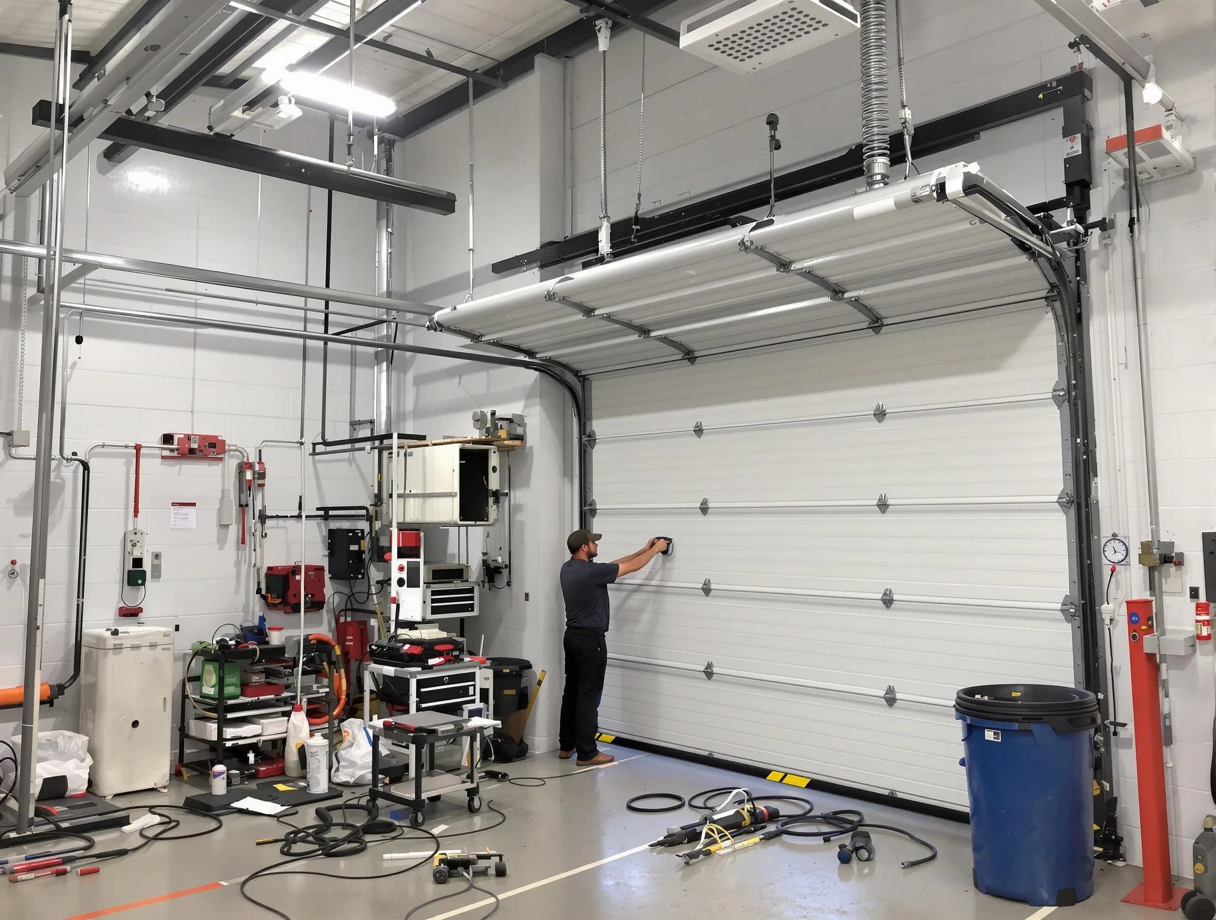 Baldwin Garage Door Repair certified technician performing commercial door repair at a Baldwin business facility