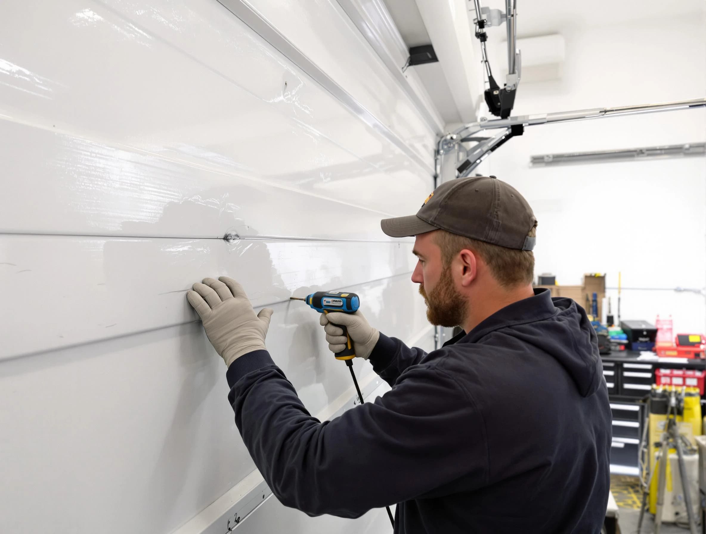 Baldwin Garage Door Repair technician demonstrating precision dent removal techniques on a Baldwin garage door