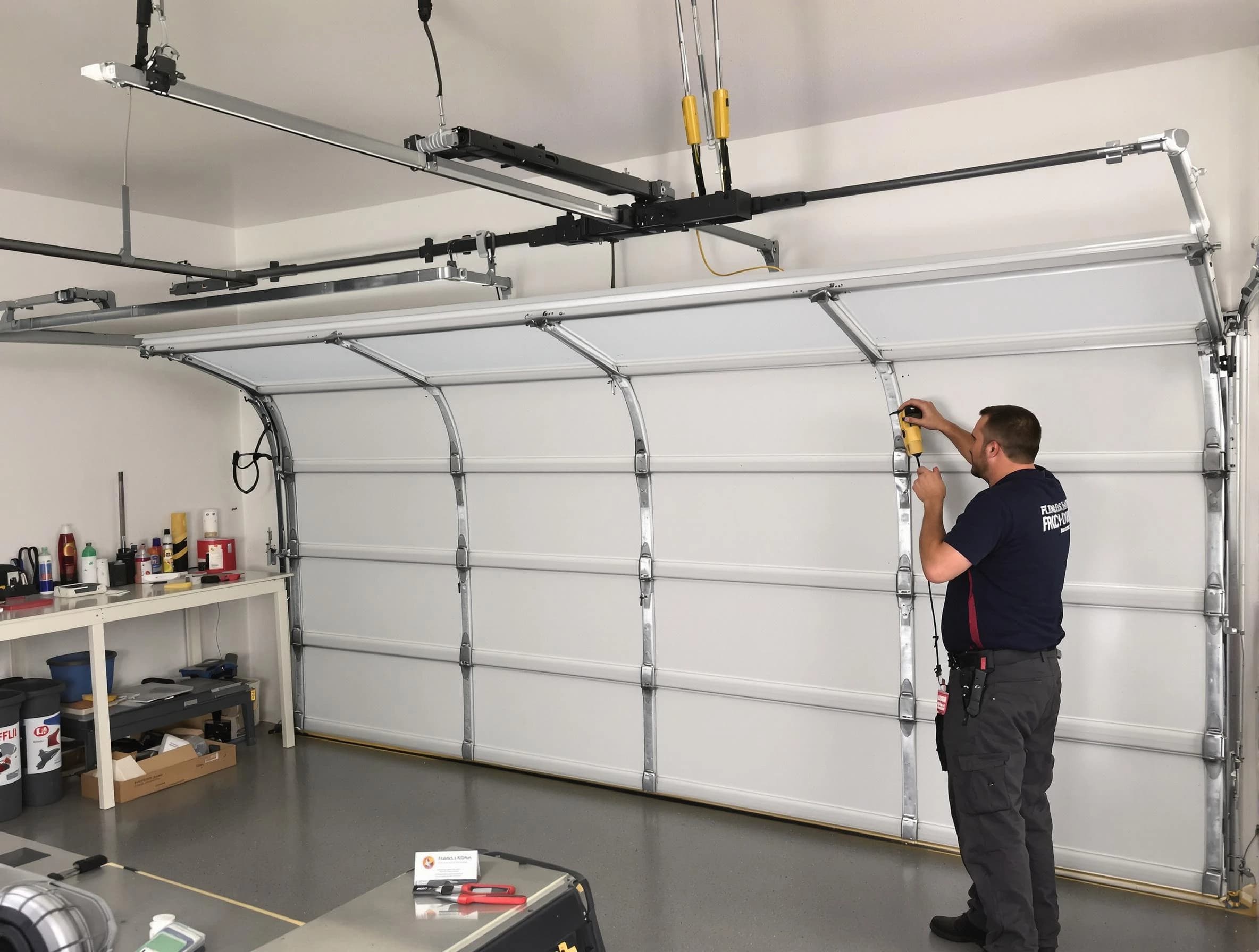 Baldwin Garage Door Repair certified technician performing overhead door system repair in Baldwin