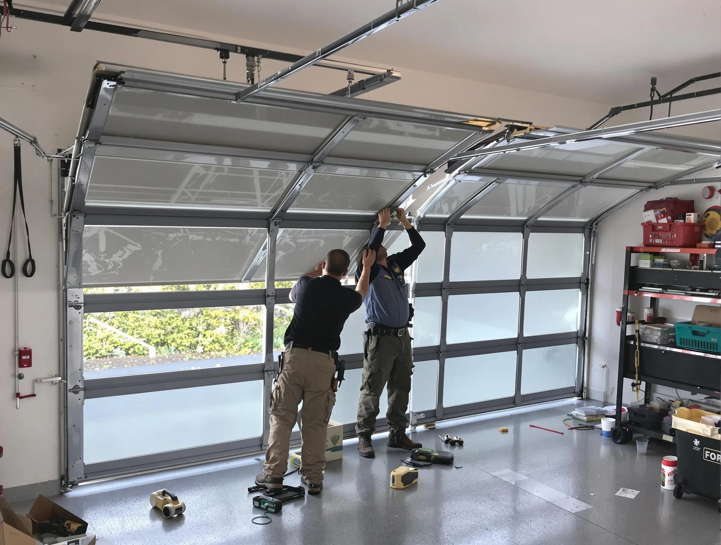 Baldwin Garage Door Repair expert performing precise panel replacement on Baldwin garage door