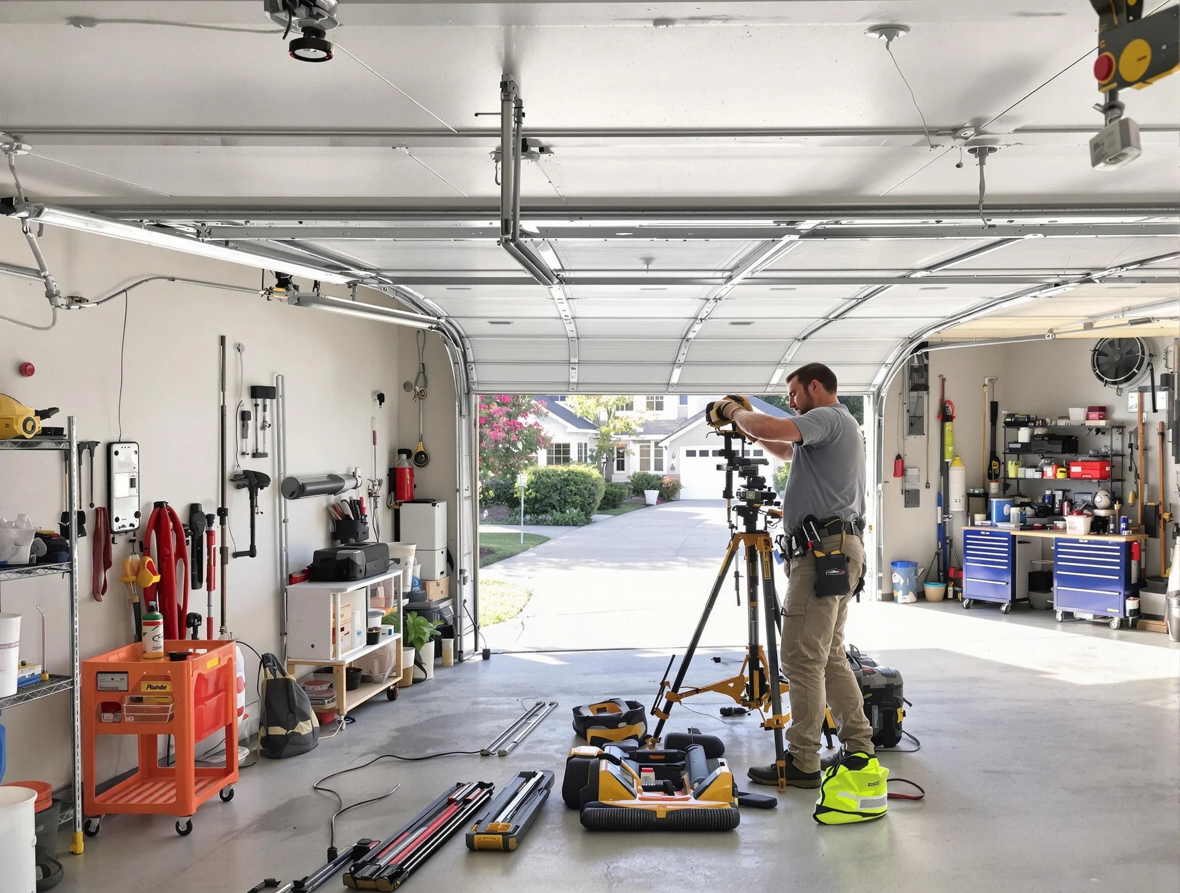 Baldwin Garage Door Repair specialist performing laser-guided track alignment in Baldwin