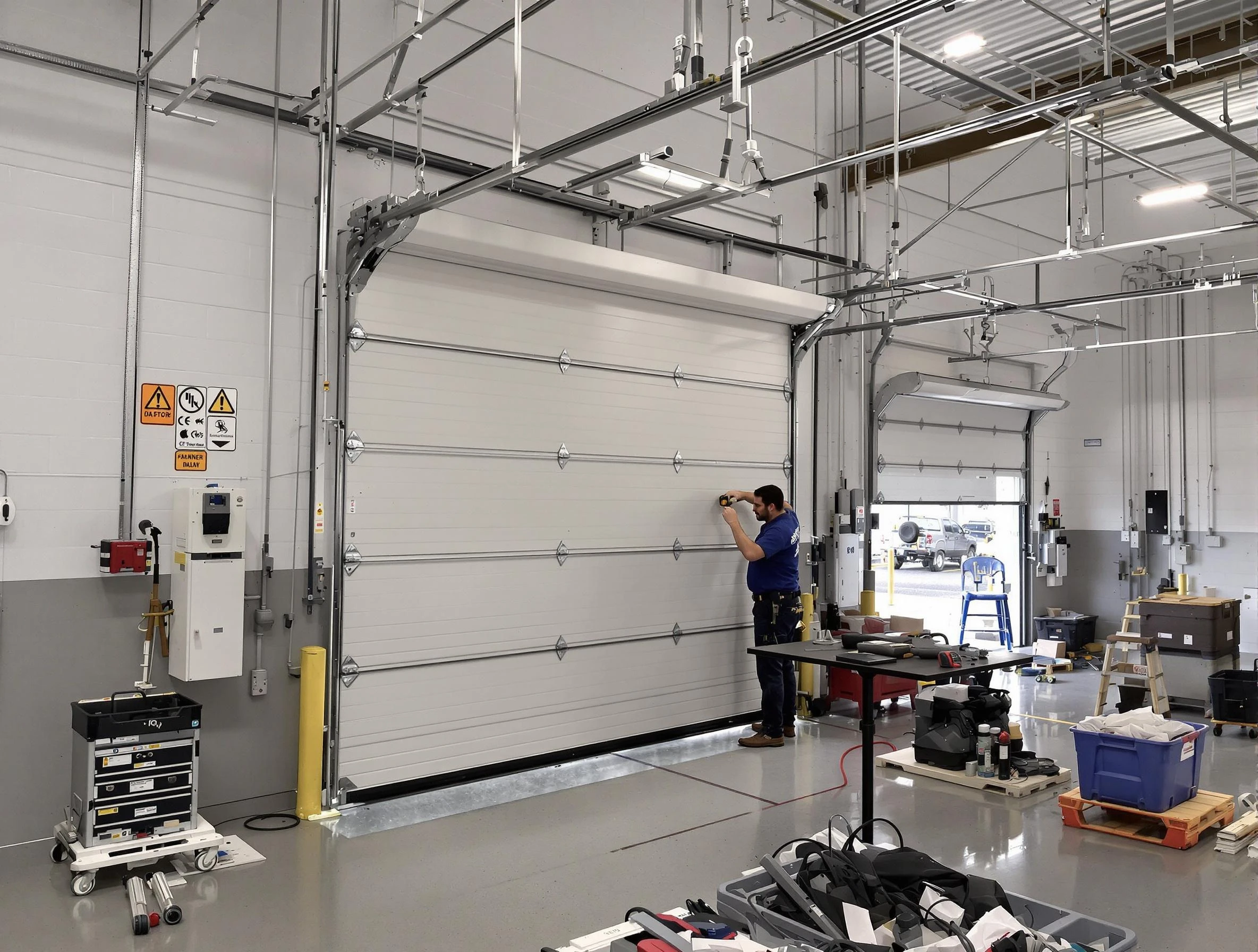 Commercial garage door repair being performed by Baldwin Garage Door Repair expert in Baldwin
